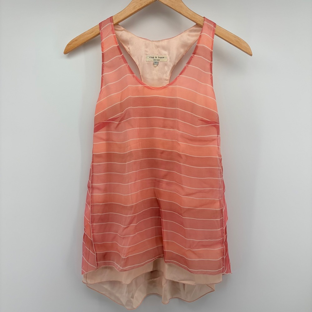 Rag & Bone Silk Tank Top Racerback Ombre Stripe Coral Pink Orange Women XS USA